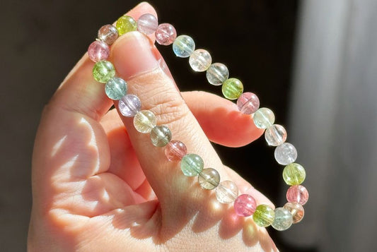 6.5mm+, Certified Natural High Clarity Multi Color Tourmaline Bracelet, Old Mine Brazillian Tourmaline Bracelet, 天然玻璃体碧玺手串