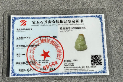 Certified Natural High-Quality Ruoqiang Yellow Nephrite Jade with Sugar Hand-Carved God of Wealth Big Pendant, 天然若羌黄口带糖手工雕刻财神吊坠