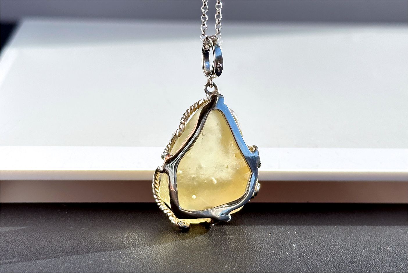 14.526Grams, Natural Authentic Libyan Desert Glass Tektite Silver Wrapped Pendant, Raw Libyan Desert Glass Pendant, 天然利比亚黄金陨石原石吊坠