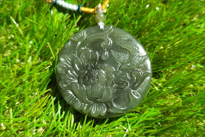 Certified Natural Lake Green Nephrite Jade Hand Carved Magpie and Peony Pendant, 天然湖水绿和田玉手工雕双面工牡丹喜鹊圆牌吊坠