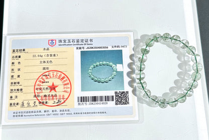 9mm+, Certified High Grade Natural Undyed Green Phantom Quartz Bracelet, High Clarity Green Phantom Bracelet, 鬼佬财神天然绿幽灵手串
