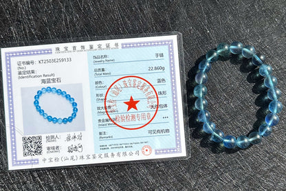 9mm+, Certified Natural Blue Aquamarine Bracelets, High Clarity Deep Blue Aquamarine, 天然高冰透海蓝宝手串