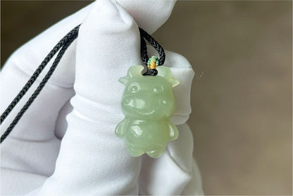 Certified Natural Lake-Green Nephrite Jade Ox Pendant | Small Carved Jade Pendant | 天然湖水绿软玉小牛吊坠