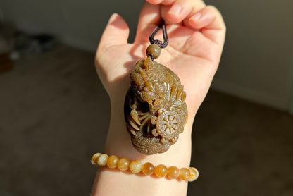 Big 94Grams, Certified Natural Full Brown Sugar Nephrite Jade Hand-Carved Dragon Small Handle / Big Pendant, 天然且末老红糖手工雕刻龙,小手把大挂件