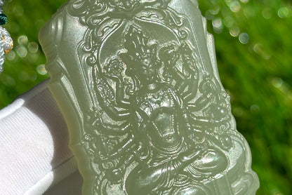 Certified Natural Green Qingshui nephrite jade Carved Thousand-Armed Avalokiteshvara Pendant, Nephrite Jade Guanyin, 天然绿晴水和田玉雕刻千手观音正装牌子吊坠