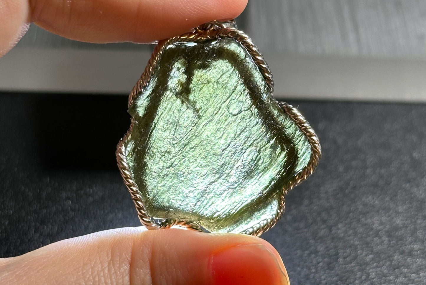 12.27Grams, Authentic Raw Moldavite tektite Silver Warpped Pendant, Real Raw Moldavite Pendant, 天然稀有捷克陨石原石手工包纯银吊坠
