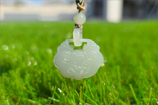 Certified Natural Qiemo Warm White Nephrite Jade Carved Peace Lock Pendant, Ping An Lock Jade, 天然且末暖白和田玉平安锁吊坠