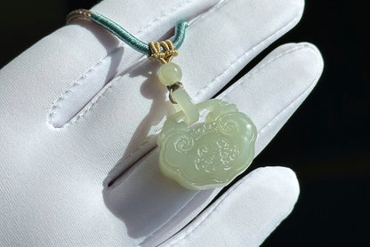 Certified Natural Qiemo Warm White Nephrite Jade Carved Peace Lock Pendant, Ping An Lock Jade, 天然且末暖白和田玉平安锁吊坠