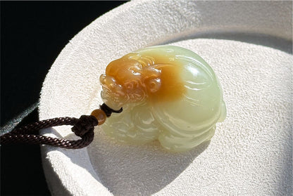 Certified Natural Sugar-White Nephrite Jade Hand Carved Dragon Turtle Pendant, 天然糖白玉手工雕刻龙龟吊坠