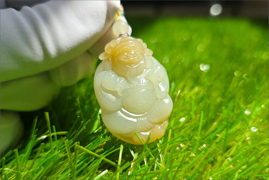 Certified Natural Qiemo Sugar-White Nephrite Jade Hand-Carved Caishen God of Wealth Pendant, 天然且末糖白天地糖手工雕刻财神吊坠