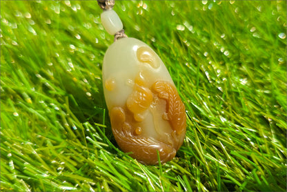 Certified Natural High-Quality Qiemo Sugar-White Nephrite Jade Hand Carved Lotus & Koi Pendant, 天然且末糖白手工雕刻莲花鱼吊坠