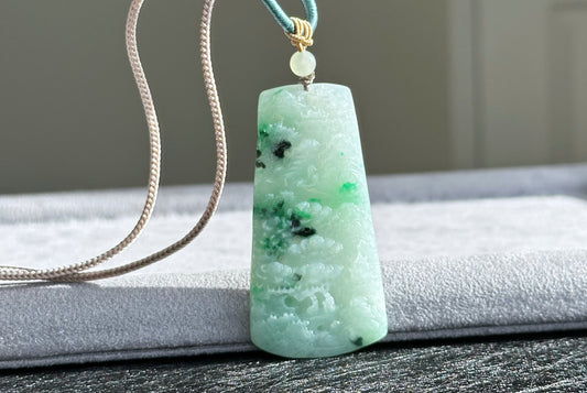 Certified Genuine Grade A Jadeite Jade Carved Landscape Pendant, Type A Jadeite Landscape Pendant, 天然A货翡翠山水牌吊坠