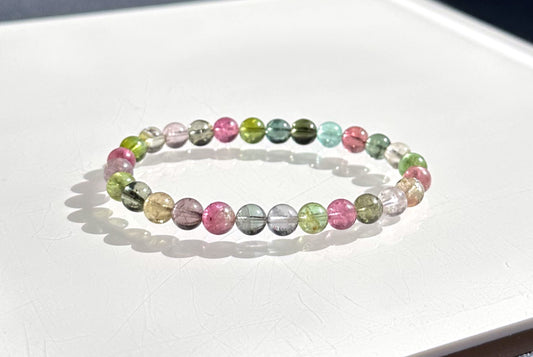 6.5mm+, Certified Natural High Clarity Multi Color Tourmaline Bracelet, Old Mine Brazillian Tourmaline Bracelet, 天然玻璃体碧玺手串