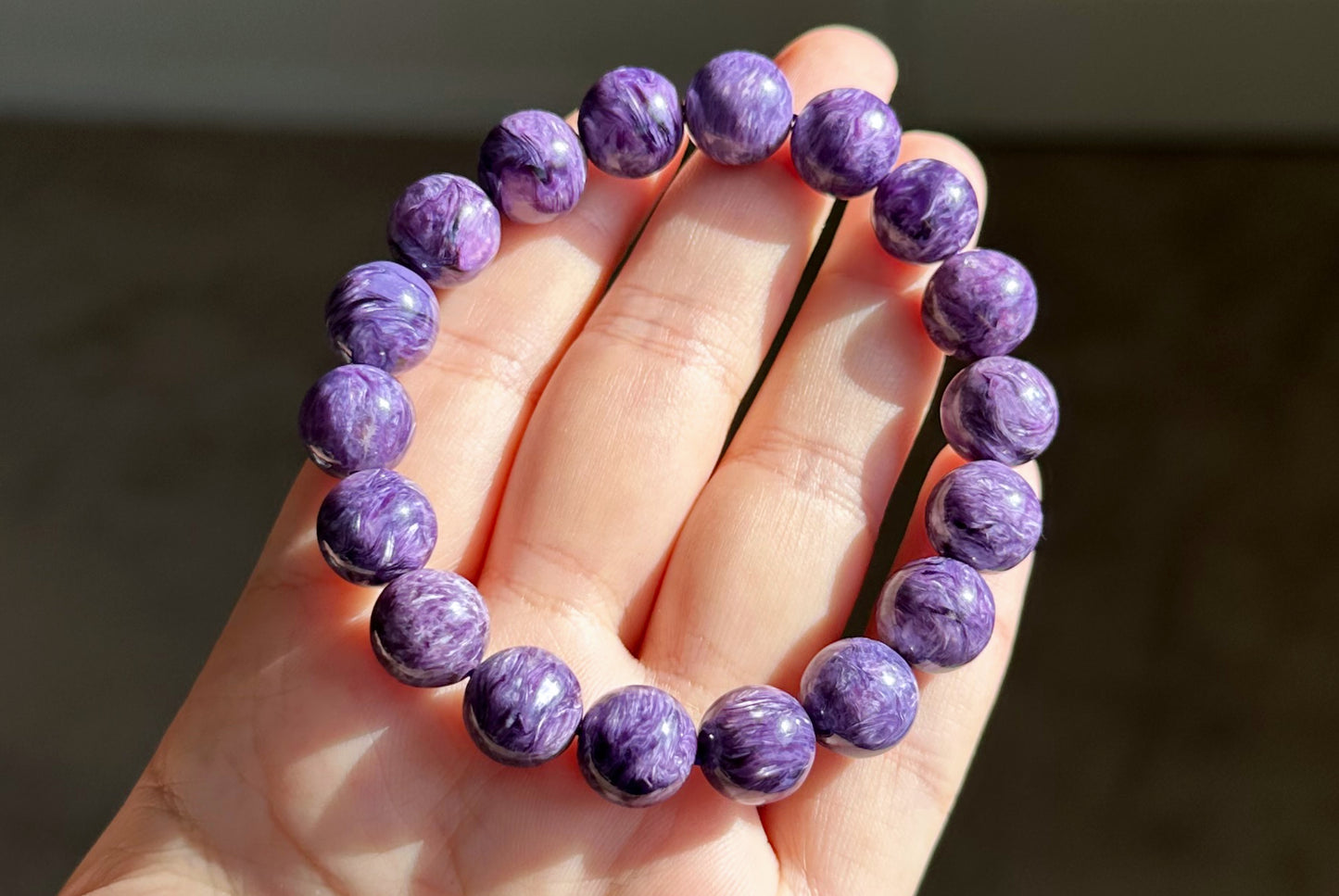 11mm+, Certified Natural Highest Grade Purple Charoite Bracelet, Charoite with Nice swirls patterns, Charoite Bracelet, 天然最高品顶级紫龙晶手串