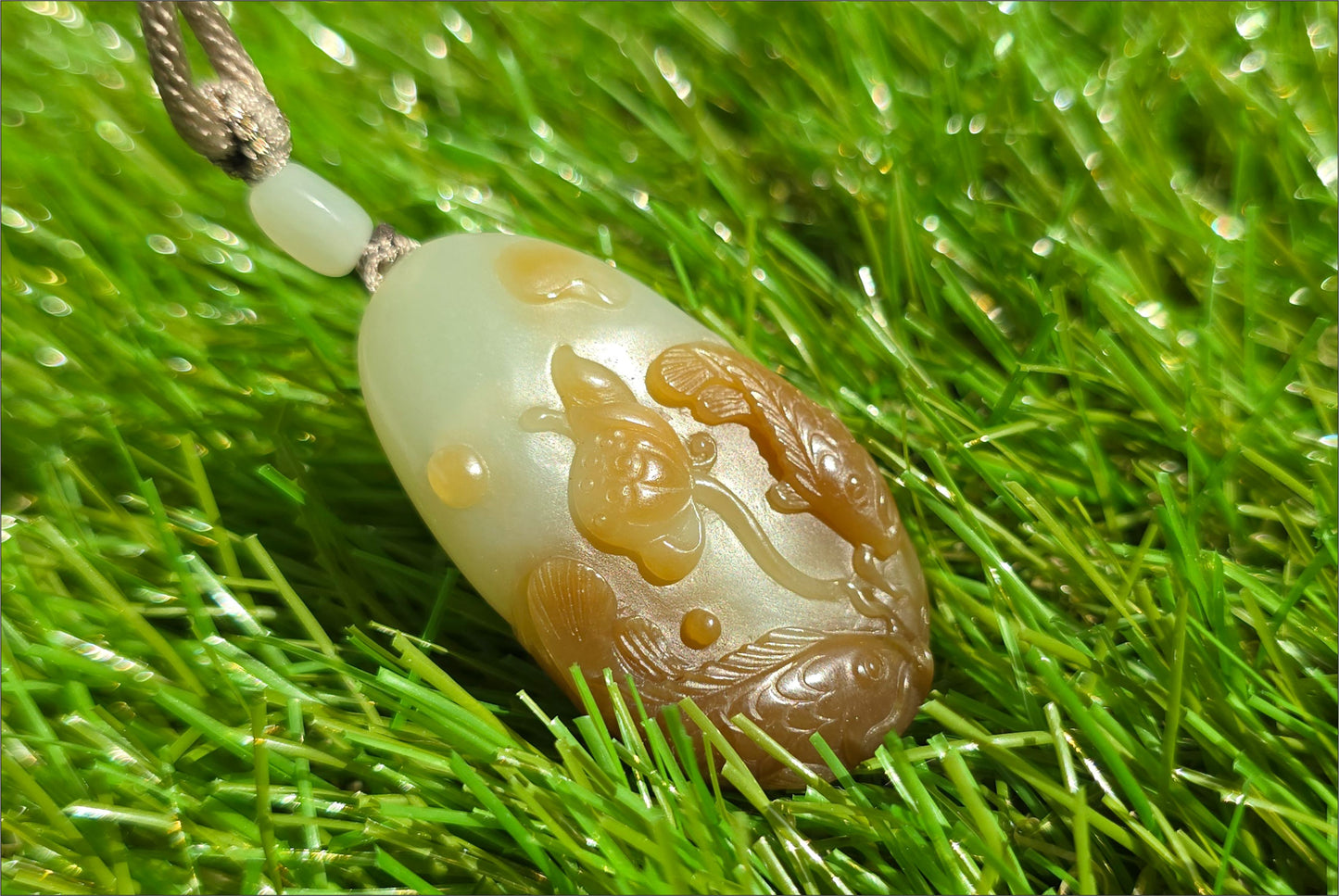 Certified Natural High-Quality Qiemo Sugar-White Nephrite Jade Hand Carved Lotus & Koi Pendant, 天然且末糖白手工雕刻莲花鱼吊坠