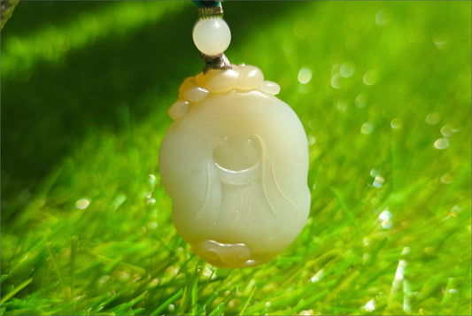 Certified Natural Qiemo Sugar-White Nephrite Jade Hand-Carved Caishen God of Wealth Pendant, 天然且末糖白天地糖手工雕刻财神吊坠