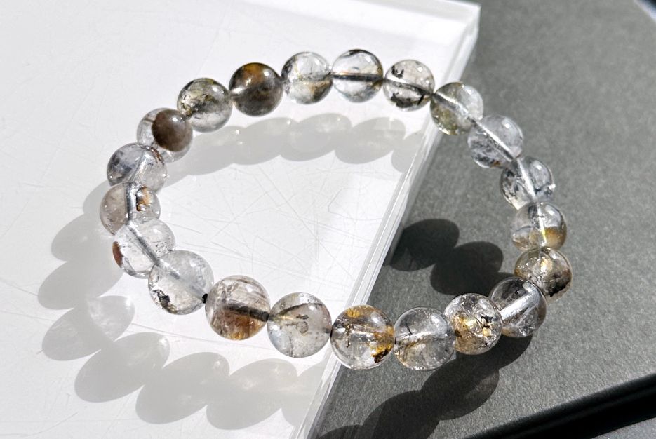 9.5mm, Natural Skeletal Herkimer Diamond Round Beads Bracelet, Herkimer Diamond Bracelet, 天然骸骨闪灵钻圆珠手串