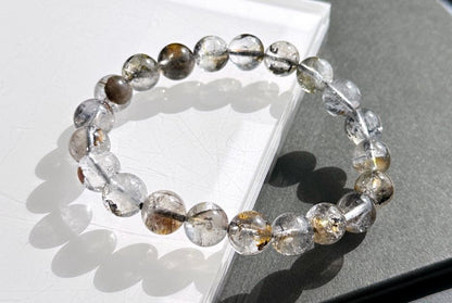 9.5mm, Natural Skeletal Herkimer Diamond Round Beads Bracelet, Herkimer Diamond Bracelet, 天然骸骨闪灵钻圆珠手串