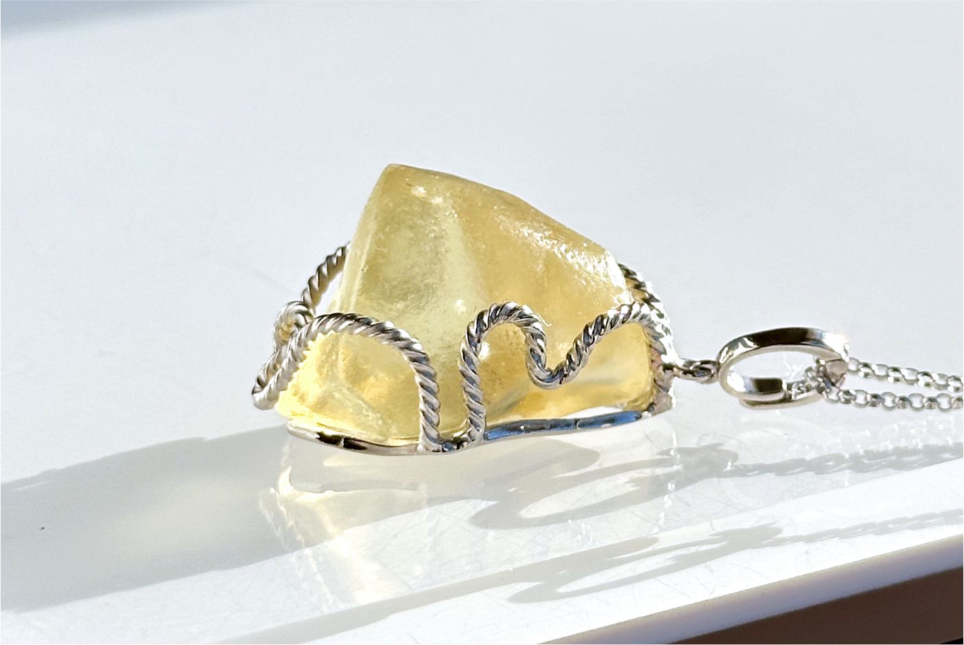 14.526Grams, Natural Authentic Libyan Desert Glass Tektite Silver Wrapped Pendant, Raw Libyan Desert Glass Pendant, 天然利比亚黄金陨石原石吊坠