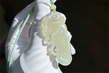 Certified Natural White with Smoky Purple Nephrite Jade Hand-Carved Ruyi Pendant, 天然和田白玉飘烟紫手工雕刻如意吊坠