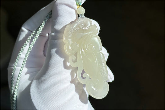 Certified Natural White with Smoky Purple Nephrite Jade Hand-Carved Ruyi Pendant, 天然和田白玉飘烟紫手工雕刻如意吊坠