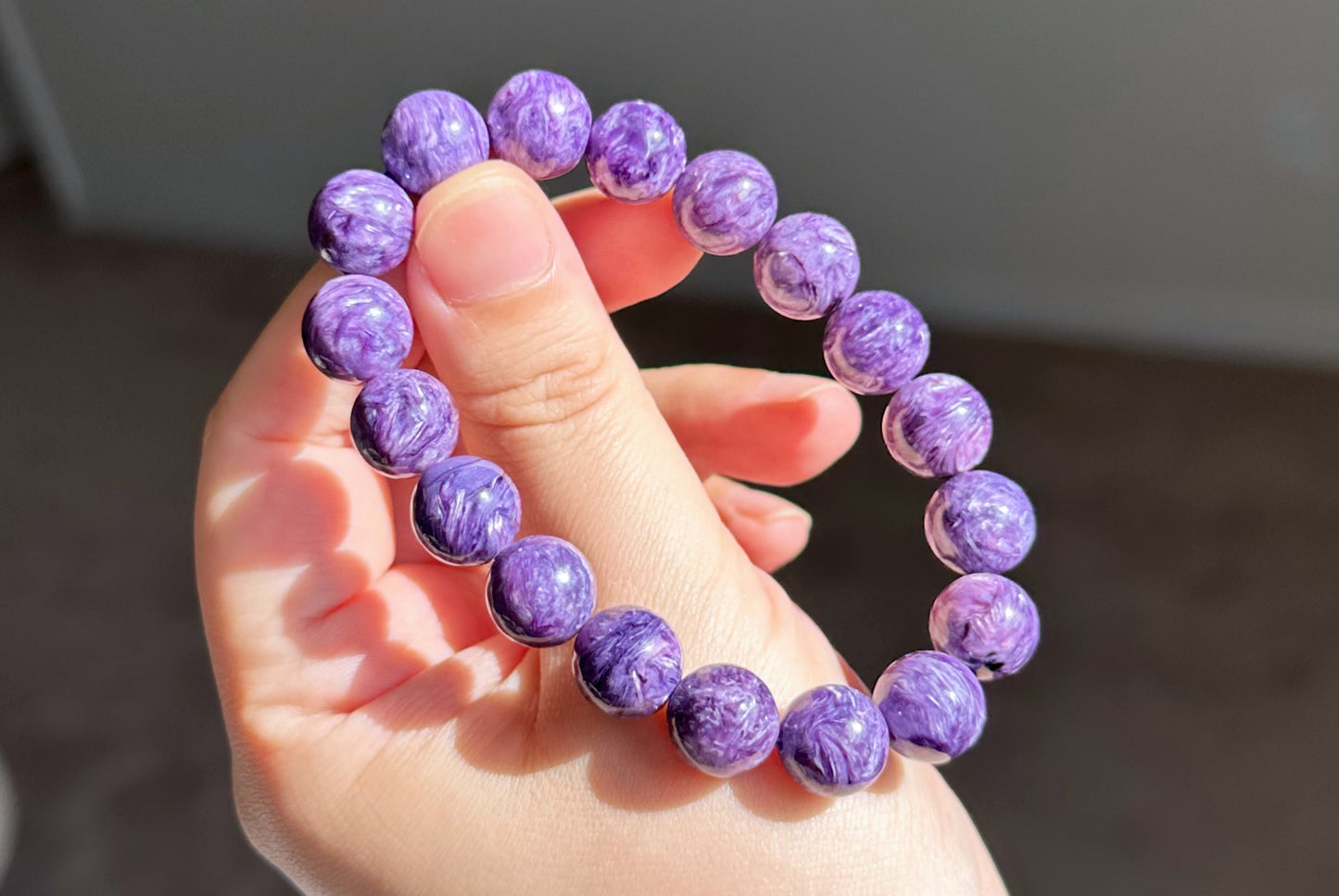 11mm+, Certified Natural Highest Grade Purple Charoite Bracelet, Charoite with Nice swirls patterns, Charoite Bracelet, 天然最高品顶级紫龙晶手串