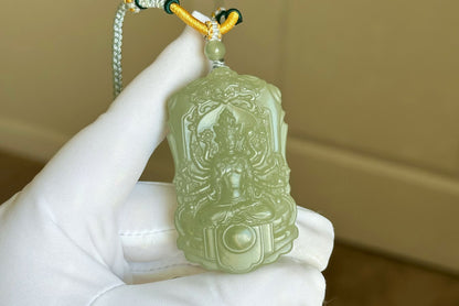 Certified Natural Green Qingshui nephrite jade Carved Thousand-Armed Avalokiteshvara Pendant, Nephrite Jade Guanyin, 天然绿晴水和田玉雕刻千手观音正装牌子吊坠