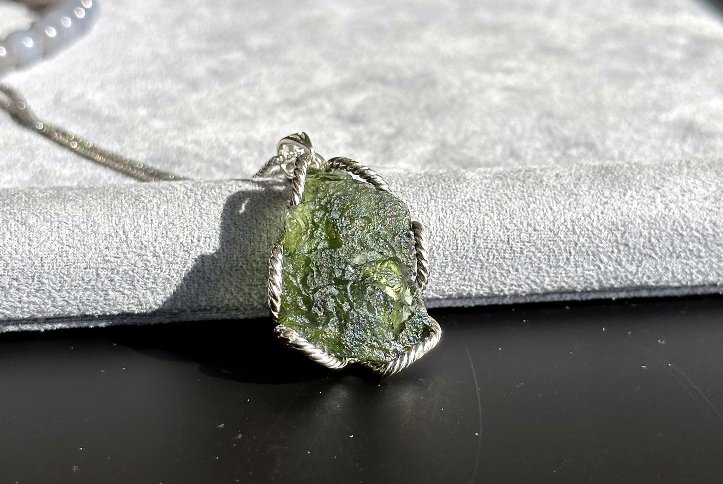 10.99Grams, Authentic Raw Moldavite tektite Silver Warpped Pendant, Real Raw Moldavite Pendant, 天然稀有捷克陨石原石手工包纯银吊坠