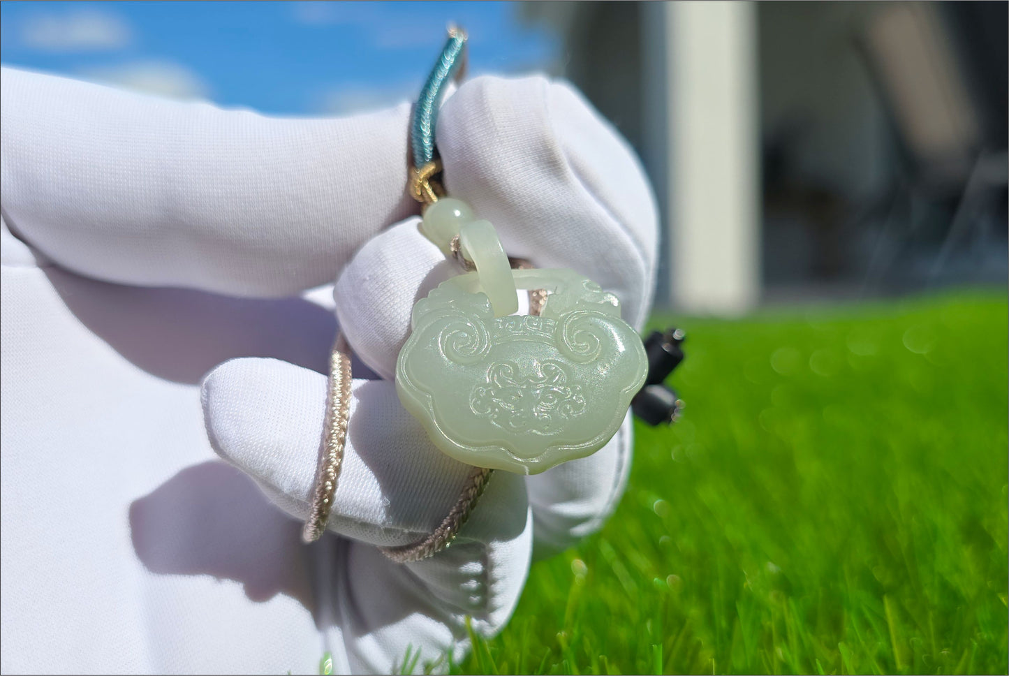 Certified Natural Qiemo Warm White Nephrite Jade Carved Peace Lock Pendant, Ping An Lock Jade, 天然且末暖白和田玉平安锁吊坠