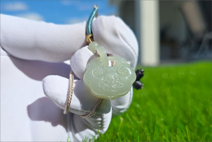 Certified Natural Qiemo Warm White Nephrite Jade Carved Peace Lock Pendant, Ping An Lock Jade, 天然且末暖白和田玉平安锁吊坠
