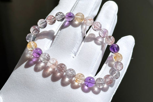 7.5mm+, Certified Natural Super Seven Bracelet, Super 7 Quartz Bracelet, Lepidocrocite Quartz Bracelet, 天然净水体超七水晶手串
