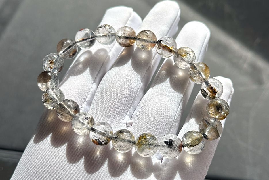 9.5mm, Natural Skeletal Herkimer Diamond Round Beads Bracelet, Herkimer Diamond Bracelet, 天然骸骨闪灵钻圆珠手串