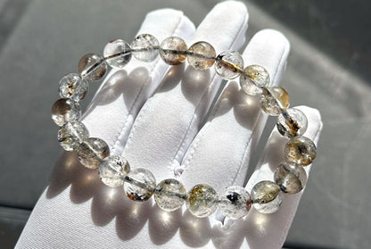 9.5mm, Natural Skeletal Herkimer Diamond Round Beads Bracelet, Herkimer Diamond Bracelet, 天然骸骨闪灵钻圆珠手串