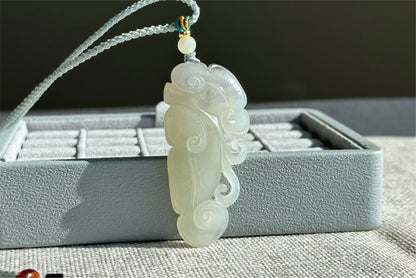 Certified Natural White with Smoky Purple Nephrite Jade Hand-Carved Ruyi Pendant, 天然和田白玉飘烟紫手工雕刻如意吊坠