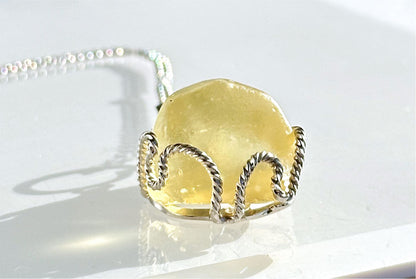 14.526Grams, Natural Authentic Libyan Desert Glass Tektite Silver Wrapped Pendant, Raw Libyan Desert Glass Pendant, 天然利比亚黄金陨石原石吊坠