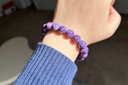 11mm+, Certified Natural Highest Grade Purple Charoite Bracelet, Charoite with Nice swirls patterns, Charoite Bracelet, 天然最高品顶级紫龙晶手串