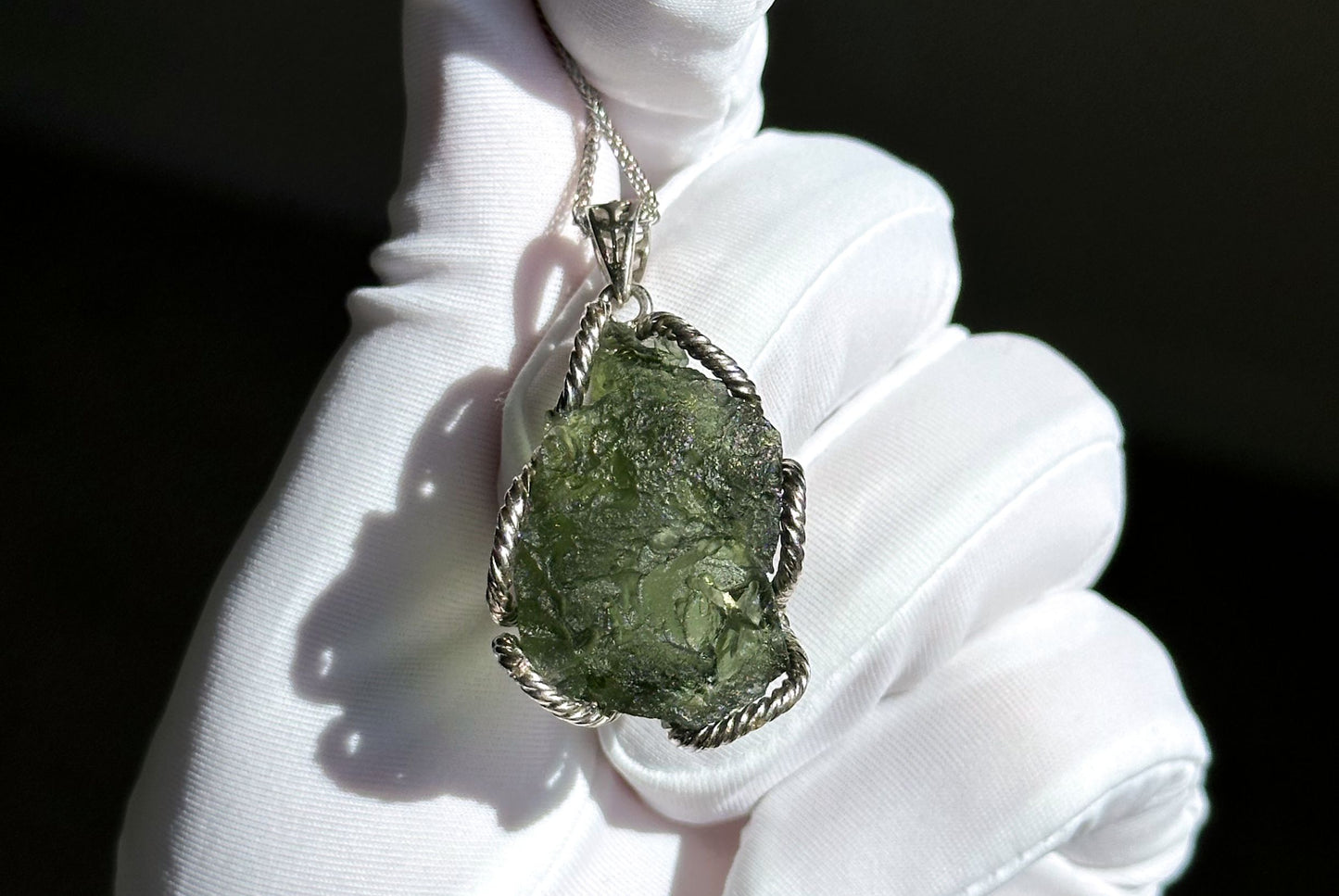 10.99Grams, Authentic Raw Moldavite tektite Silver Warpped Pendant, Real Raw Moldavite Pendant, 天然稀有捷克陨石原石手工包纯银吊坠