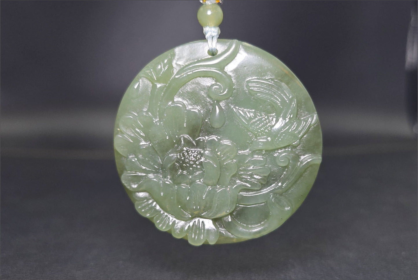Certified Natural Lake Green Nephrite Jade Hand Carved Magpie and Peony Pendant, 天然湖水绿和田玉手工雕双面工牡丹喜鹊圆牌吊坠