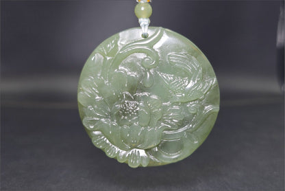 Certified Natural Lake Green Nephrite Jade Hand Carved Magpie and Peony Pendant, 天然湖水绿和田玉手工雕双面工牡丹喜鹊圆牌吊坠