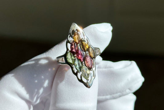 Natural Multi Color Tourmaline Ring, 925 Sterling Silver, Marquise cut Tourmaline Ring, October Birthstone, 天然碧玺纯银女戒