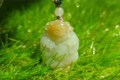 Certified Natural Qiemo Sugar-White Nephrite Jade Hand-Carved Caishen God of Wealth Pendant, 天然且末糖白天地糖手工雕刻财神吊坠