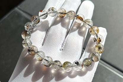 9.5mm, Natural Skeletal Herkimer Diamond Round Beads Bracelet, Herkimer Diamond Bracelet, 天然骸骨闪灵钻圆珠手串