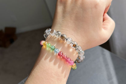 9.5mm, Natural Skeletal Herkimer Diamond Round Beads Bracelet, Herkimer Diamond Bracelet, 天然骸骨闪灵钻圆珠手串