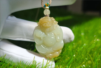 Certified Natural Qiemo Sugar-White Nephrite Jade Hand-Carved Caishen God of Wealth Pendant, 天然且末糖白天地糖手工雕刻财神吊坠
