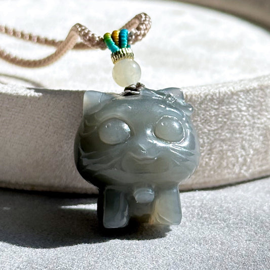 Certified Natural Smoky Purple Nephrite Jade Carved Kitten Pendant, Nephrite Jade Cat Pendant, 天然烟紫和田玉雕刻小猫吊坠
