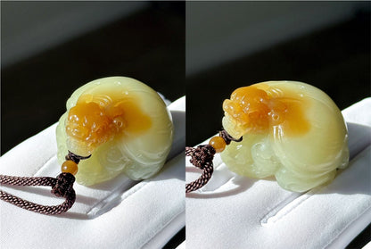 Certified Natural Sugar-White Nephrite Jade Hand Carved Dragon Turtle Pendant, 天然糖白玉手工雕刻龙龟吊坠