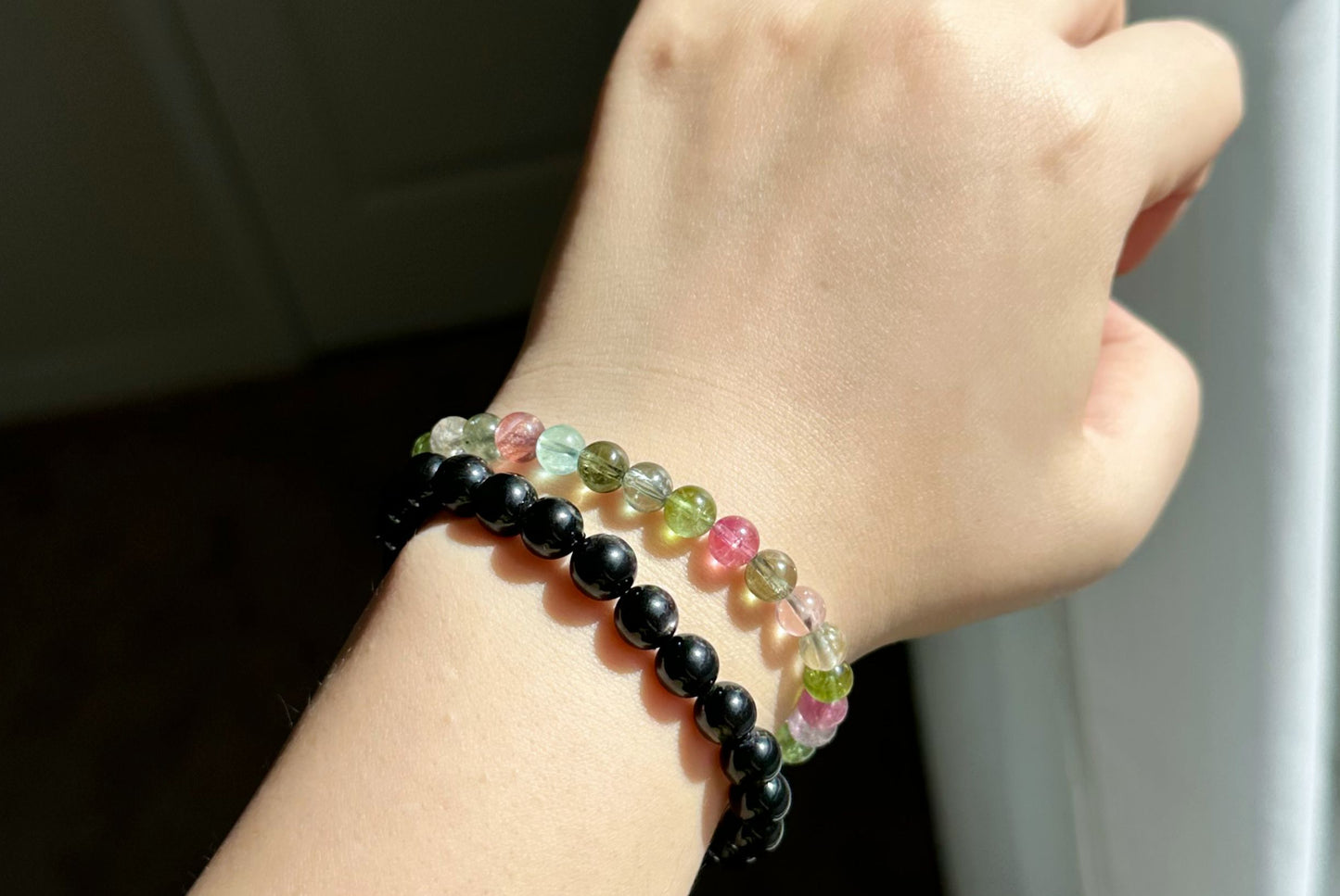 6.5mm+, Certified Natural High Clarity Multi Color Tourmaline Bracelet, Old Mine Brazillian Tourmaline Bracelet, 天然玻璃体碧玺手串