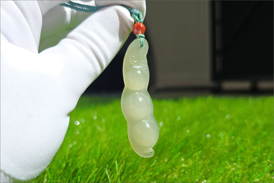 Certified Natural Icy Qingshui Nephrite Jade Hand Carved Lucky Bean Pendant, 天然晴水和田玉手工雕刻福豆吊坠