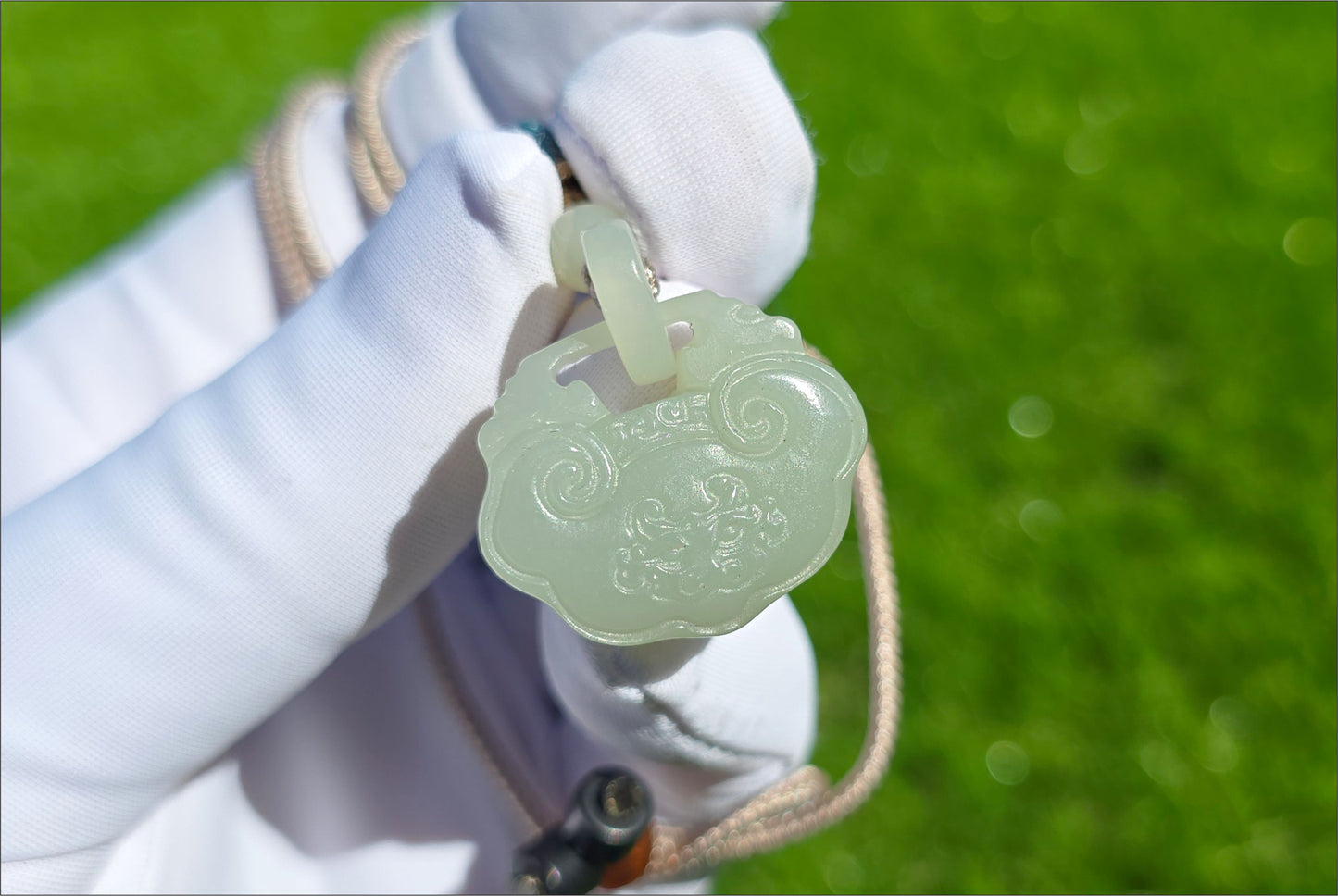 Certified Natural Qiemo Warm White Nephrite Jade Carved Peace Lock Pendant, Ping An Lock Jade, 天然且末暖白和田玉平安锁吊坠