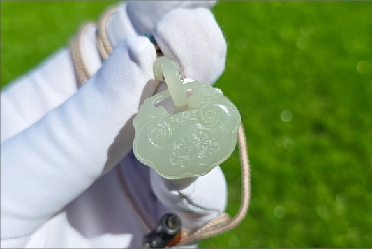 Certified Natural Qiemo Warm White Nephrite Jade Carved Peace Lock Pendant, Ping An Lock Jade, 天然且末暖白和田玉平安锁吊坠